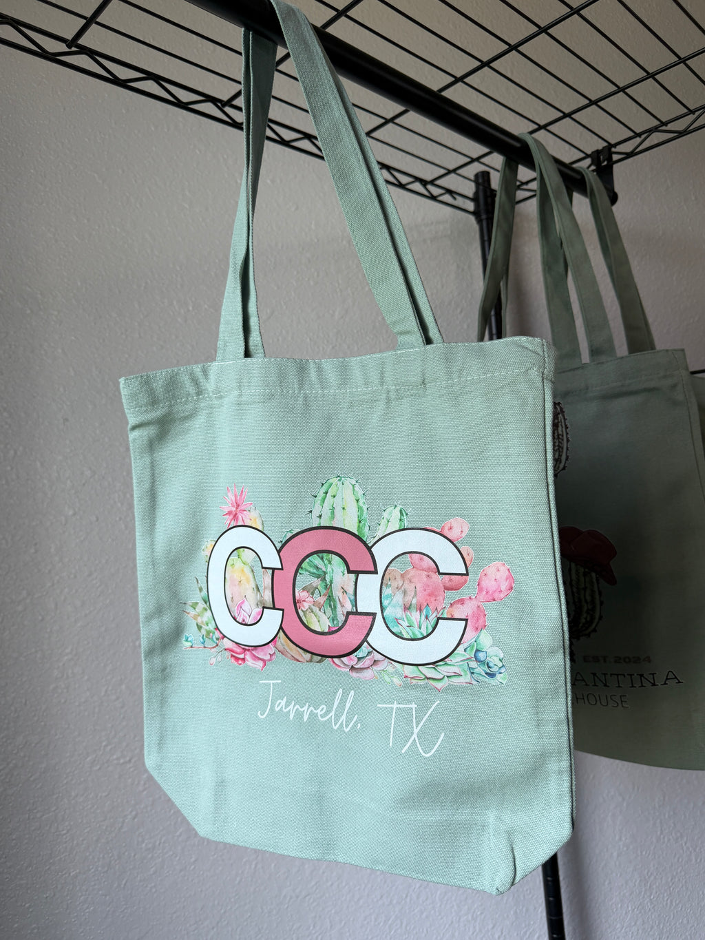 Green CCC Tote Bag, Pink Logo, Small