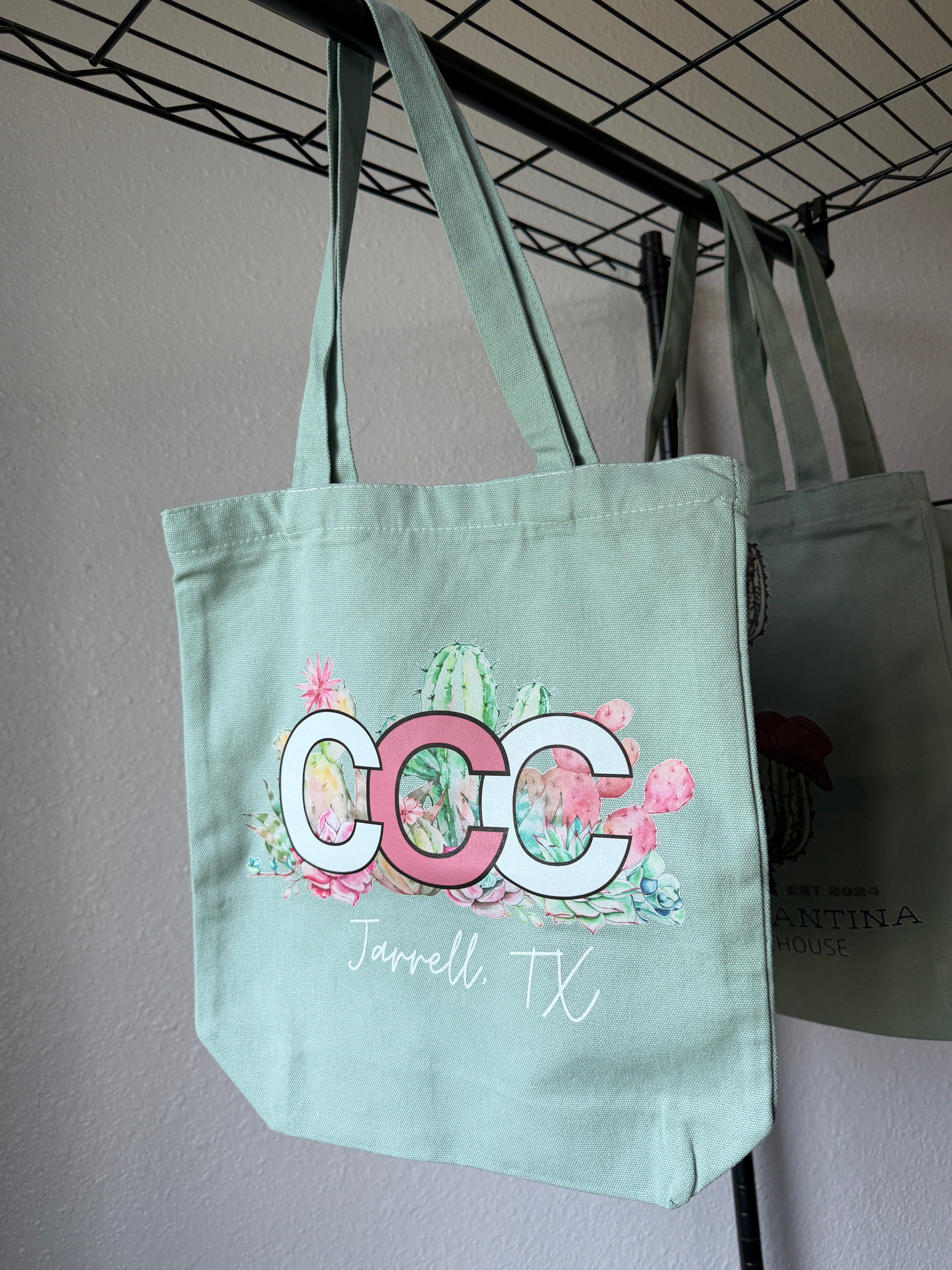 Green CCC Tote Bag, Pink Logo, Small