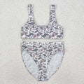 Adult Women Light Grey Camo Top Bottom Swimsuits Sets